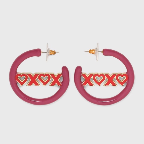 SUGARFIX by BaubleBar "Hugs and Kisses" Hoop Statement Earrings - Dark Pink - Picture 4 of 5
